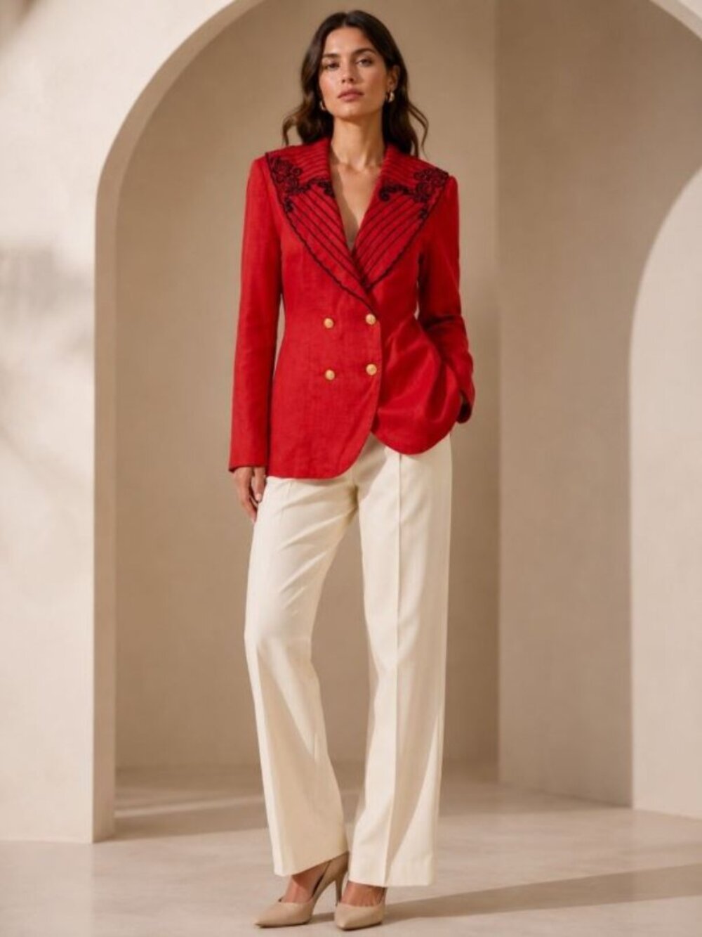 PREMIERE 100% Linen Vintage Red Black Double-Breasted Embroided 80s Blazer Sz 10